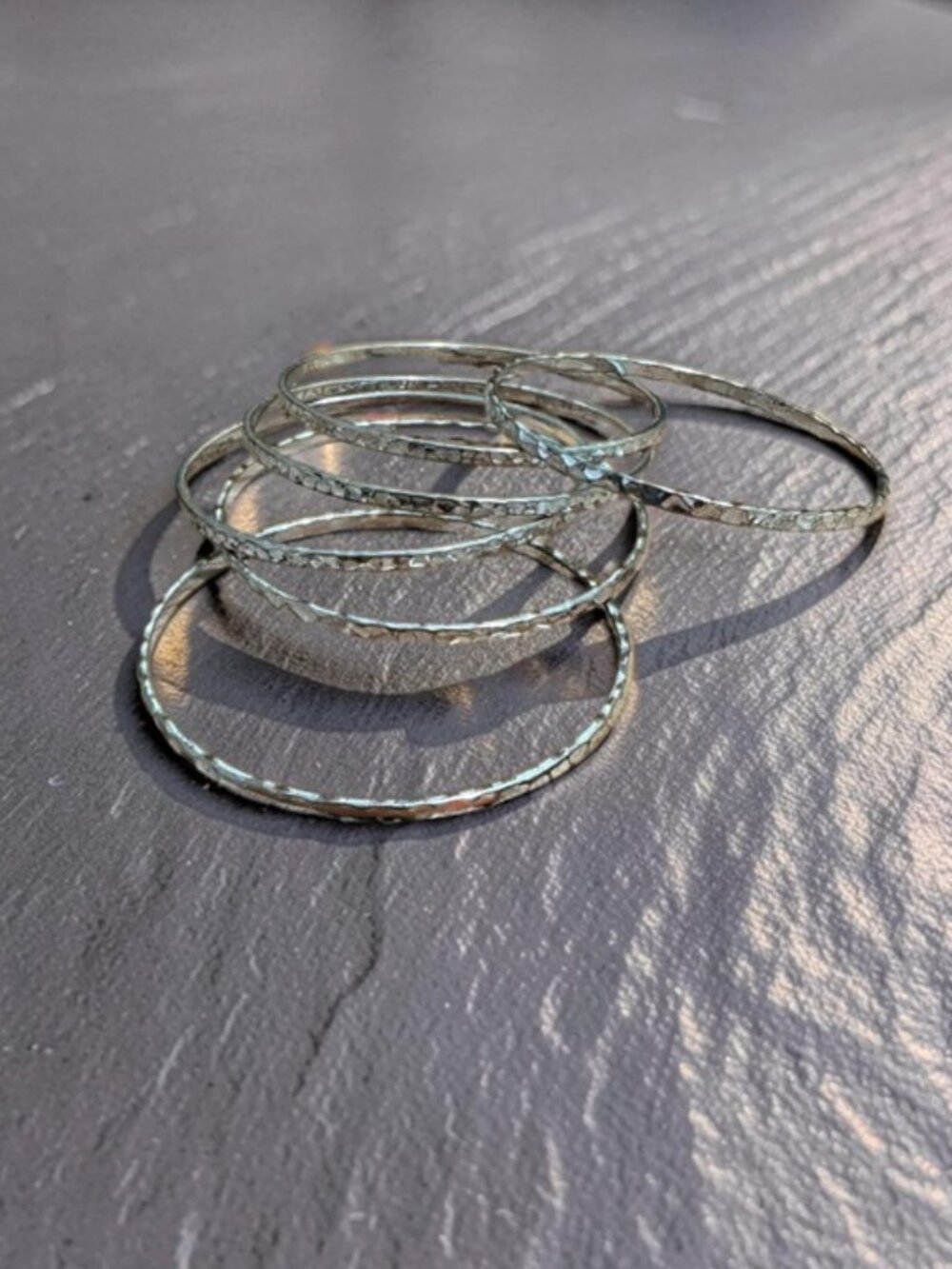 Six Sterling Silver Hammered Slim Stacking Bracelet Set - 2 5/8"